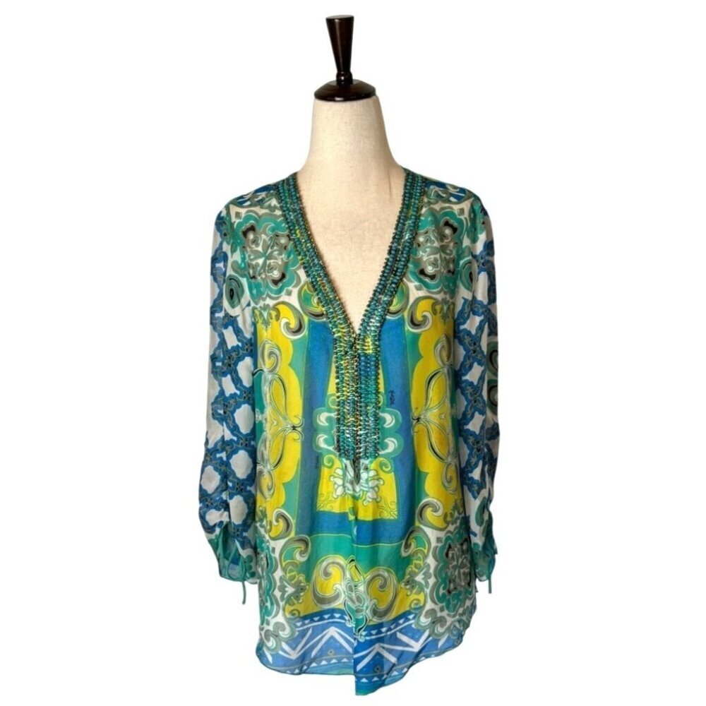 Hale Bob Shirt Women Small Green Blue Silk Beaded V Neck Ruched Sleeve Blouse